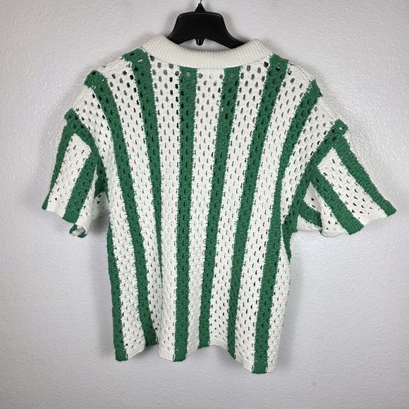 The Drop Women's Tatum Crochet Splitneck Polo Top in Emerald Stripe Size XL - Picture 2 of 7
